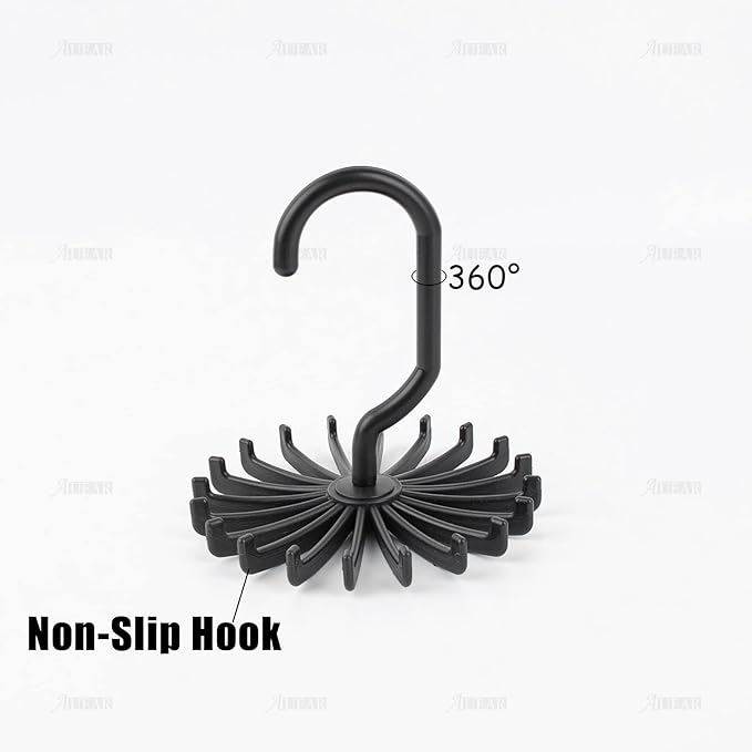 AUEAR, 8 Pack 360 Degree Rotating Scarf Hanger 20 Hooks Twirl Plastic Ties for Women Men Home Bedroom Supplies (Black)