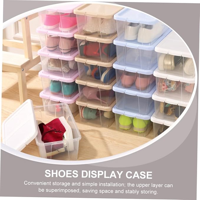 SEWACC Stackable Plastic Shoe Storage Boxes with Lids, Household Shoe Organizer Cases for Closet and Kitchen, 2pcs Set