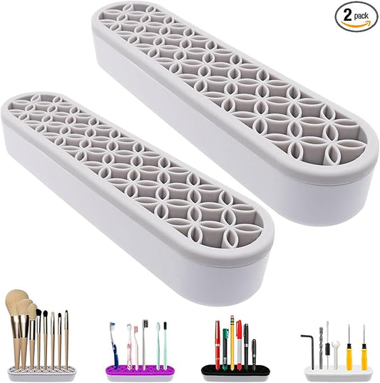 2Pcs Grey Silicone Makeup Brush Holder Stand Makeup Brush Storage Make Up Brushes Holder Organizer for Painting Pen Brushes Nail Clippers Drill Pens Ruler Sewing Craft Tools