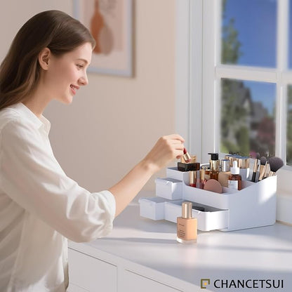 CHANCETSUI Makeup Organizer with Drawers, Makeup Desk Organizer, Bathroom Countertop Organizer for Cosmetics, Vanity Holder for Lipstick, Makeup Brush Holder, White