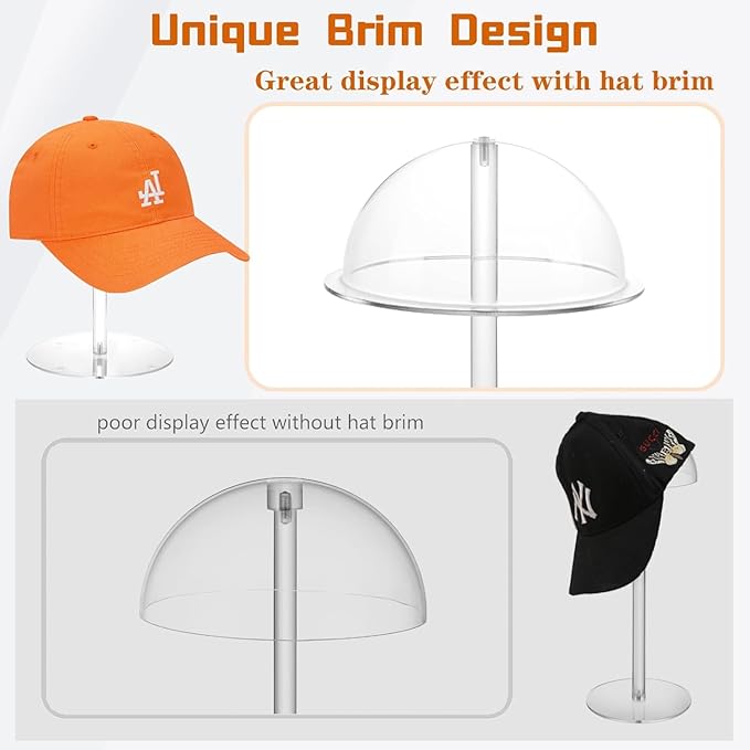 Acrylic Hat Display Stand, 8'' Clear Domed Baseball Cap Rack, Durable Tabletop Cowboy Hat Holder Wig Stand Hat Organizer Stand for Closet, Vendors, Counter, Salons