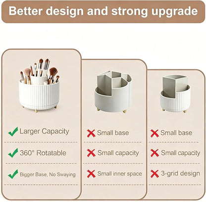 360°Rotating Makeup Brush Holder Organizer, White Countertop Cosmetic Display Case, Spinning Skincare Storage Carousel for Vanity, Desktop & Bathroom