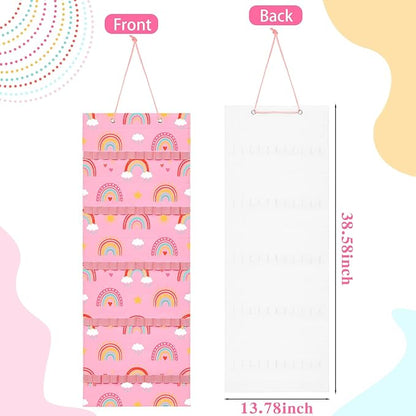 Tudomro Hanging Headband Holder for Girls Felt Hair Accessories Organizer with 60 Elastic Bands Bow Hanger for Girls Hair Bows Without Headbands(Pink,Rainbow)