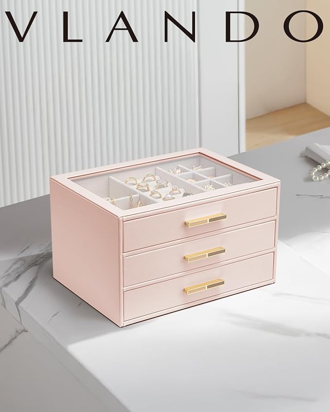 VLANDO Jewelry Box for Women, Glass Lid Jewelry Organizer with 3 Drawers for Necklaces Rings Earrings Bracelets Mother Day Gift for Mom - Dark Pink