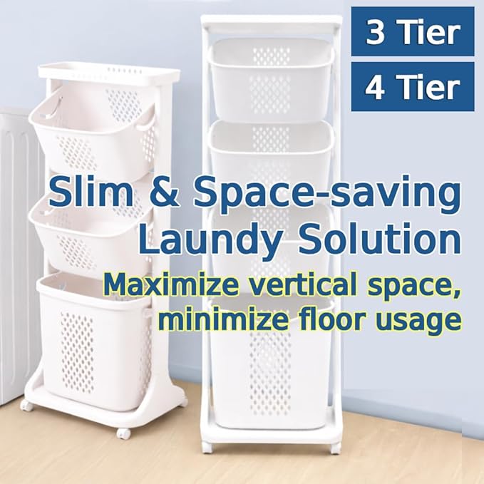 Japard 83 Litres Rolling Laundry Hamper Ultra Slim, Vertical 3 Sorter Cart with Wheels and Breaks, 3-tier Baskets Detachable for Dorm, Closet, Easy Assembly White Gray