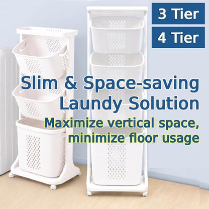 Japard 83 Litres Rolling Laundry Hamper Ultra Slim, Vertical 3 Sorter Cart with Wheels and Breaks, 3-tier Baskets Detachable for Dorm, Closet, Easy Assembly White Gray