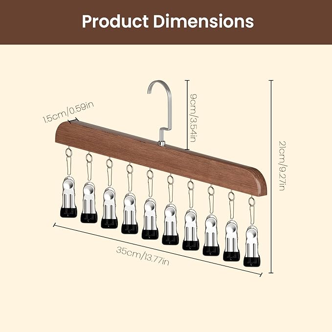 Closet Organizer with 10 Clips, Space Saving Hanging Closet Organizer, Space-Saving Closet Organizers and Storage with Sturdy Steel Non-Slip Clips (1, Natural Wood+Vintage)