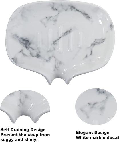 White Marble Texture Soap Dish Ceramic Soap Holder Self Draining Soap Dish Waterfall Slot Sponge Holder Bathroom Accessories for Bathroom, Kitchen,Bar Counter.