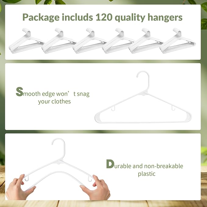 Jetec 120 Pcs Plastic Clothes Hangers Bulk Heavy Duty Hangers with Hooks Durable, Space Saving Thick Closet Hangers Coat Hanger for Clothing Adult Shirts Pants Dresses(White)