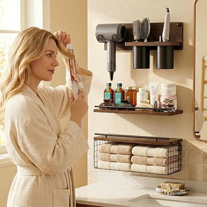 RoleDes Hair Tool Organizer Wall Mounted Set of 3 - Bathroom Floating Shelves with Blow Dryer Holder and Curling Iron Storage, Hair Dryer Hanger for Bathroom Wall, Modern Farmhouse Above Toilet Shelf