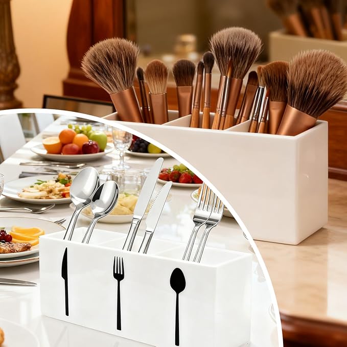 Acrylic Cutlery Storage Organizer Bin,3 Section Silverware Caddy with Spoon Fork Organizer, Clear Plastic Utensil Holder for Kitchen Countertop, Cabinet, Dining Room (White)