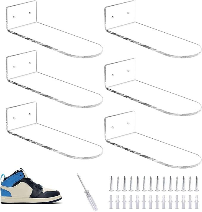 Acrylic Floating Shoe Rack (Set of 6) Wall Mount Display Shoe Rack Transparent Storage Rack for Home Use Sneaker Display Rack with Screws and Anchors