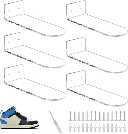 Acrylic Floating Shoe Rack (Set of 6) Wall Mount Display Shoe Rack Transparent Storage Rack for Home Use Sneaker Display Rack with Screws and Anchors
