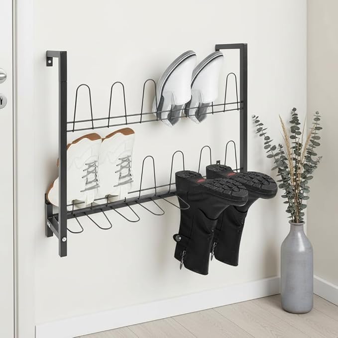 DouSeiAi Metal Wall Mounted Shoe Rack – 3-Tier Hanging Shoe Organizer with 18 Hooks, Space-Saving Boot & Shoe Holder for Walk in Closet, Mudroom, Entryway, Garage, Holds 9 Pairs