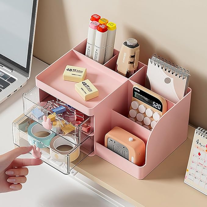 Makeup Storage Organizer with 2 Drawers, Desk Vanity Countertop Skin Care Cosmetic Display Case Make up Stands for Hair Accessories Lipstick Lotions Beauty Skincare Organizing (Pink)