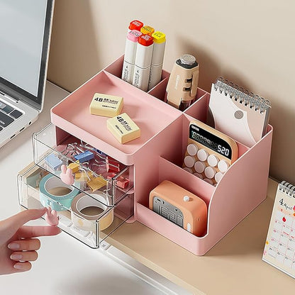 Makeup Storage Organizer with 2 Drawers, Desk Vanity Countertop Skin Care Cosmetic Display Case Make up Stands for Hair Accessories Lipstick Lotions Beauty Skincare Organizing (Pink)