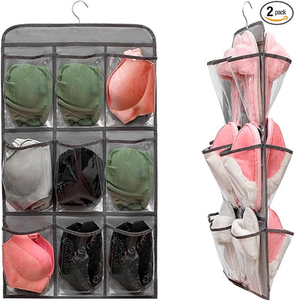 2 Pcs Closet Organizer Dual Sided Hanging Shoe Storage Bag Underwear Socks Holder with 18 Pockets (CLEAR POCKETS)