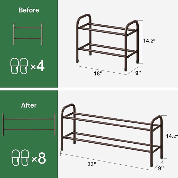 kiplant Expandable Shoe Rack, 2-Tier Shoe Shelf for Closet, Adjustable Length Shoe Shelf Storage Organizer, Standing Shoe Rack for Entryway