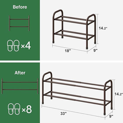 kiplant Expandable Shoe Rack, 2-Tier Shoe Shelf for Closet, Adjustable Length Shoe Shelf Storage Organizer, Standing Shoe Rack for Entryway