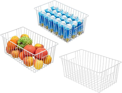 16" Upright Freezer Organizer Baskets, Wire Storage Bakset Bins for Freezer, Pantry, Kitchen, Bathroom Organizing, White, Set of 3