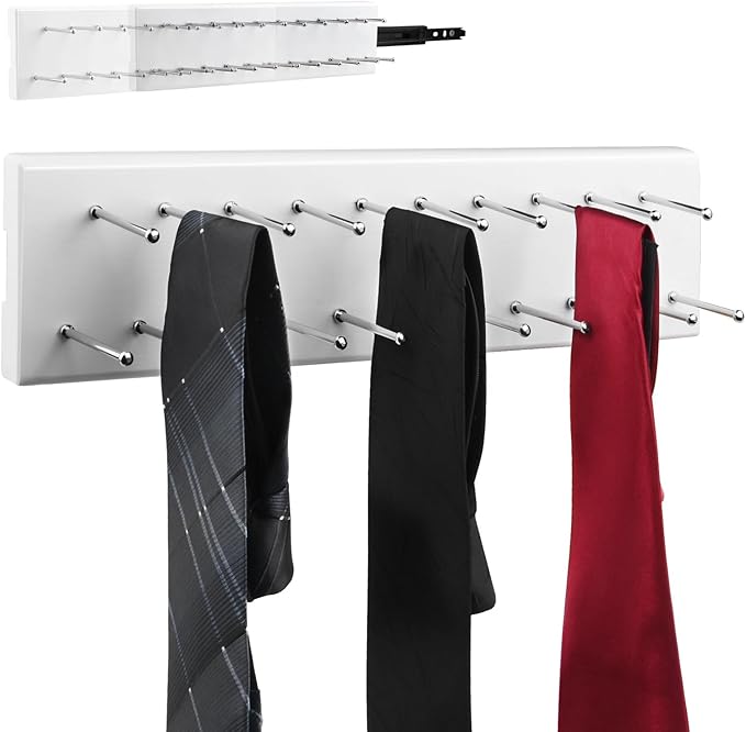 Wood Pull Out Belt Rack for Closet, 21 Tie Hanger Extending Sliding Tie Rack Hanger, Side Mount Sliding Rail Organizer Storage Rack Holder with 21 Hooks for Ties Scarves Belts Shawls, White