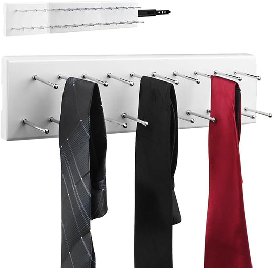 Wood Pull Out Belt Rack for Closet, 21 Tie Hanger Extending Sliding Tie Rack Hanger, Side Mount Sliding Rail Organizer Storage Rack Holder with 21 Hooks for Ties Scarves Belts Shawls, White