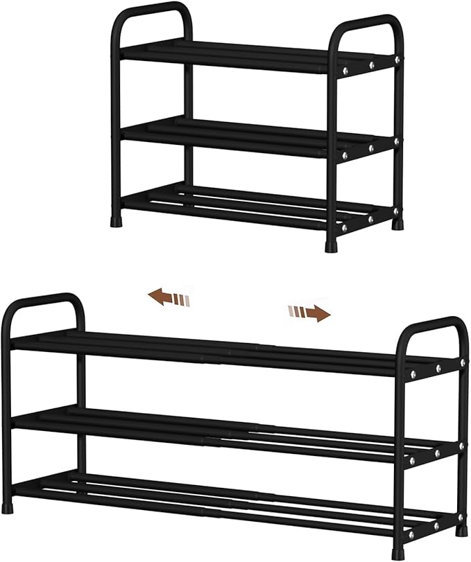 3-Tier Expandable Shoe Rack, 9.4" Ultra-Slim Metal Shoe Shelf for Entryway & Closet, 17.3"-31.5" Adjustable Length, Narrow Space-Saving Shoe Organizer for Dorm, Apartment