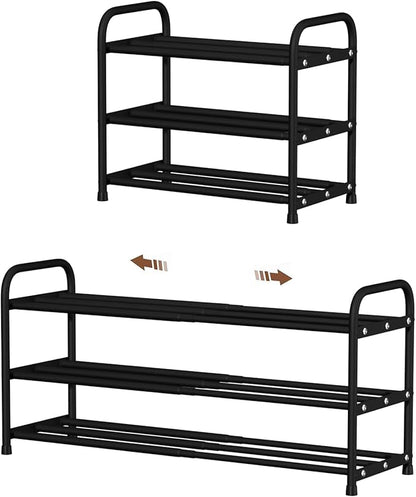 3-Tier Expandable Shoe Rack, 9.4" Ultra-Slim Metal Shoe Shelf for Entryway & Closet, 17.3"-31.5" Adjustable Length, Narrow Space-Saving Shoe Organizer for Dorm, Apartment