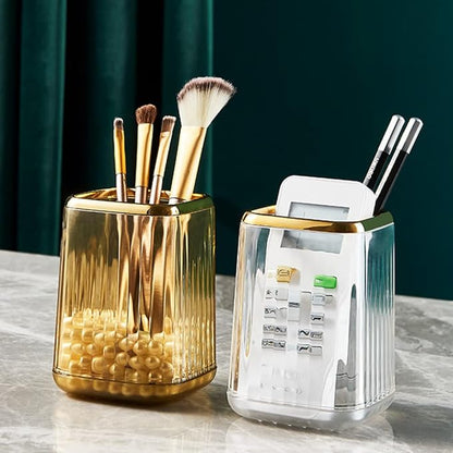 Makeup Brush Cup Holder Organizer for Vanity, Acrylic Vintage Green Make Up Brushes Holders Container Storage with Striped Design for Bathroom Countertop, Cute Pen Pencil Holder Cosmetic Cup for Desk