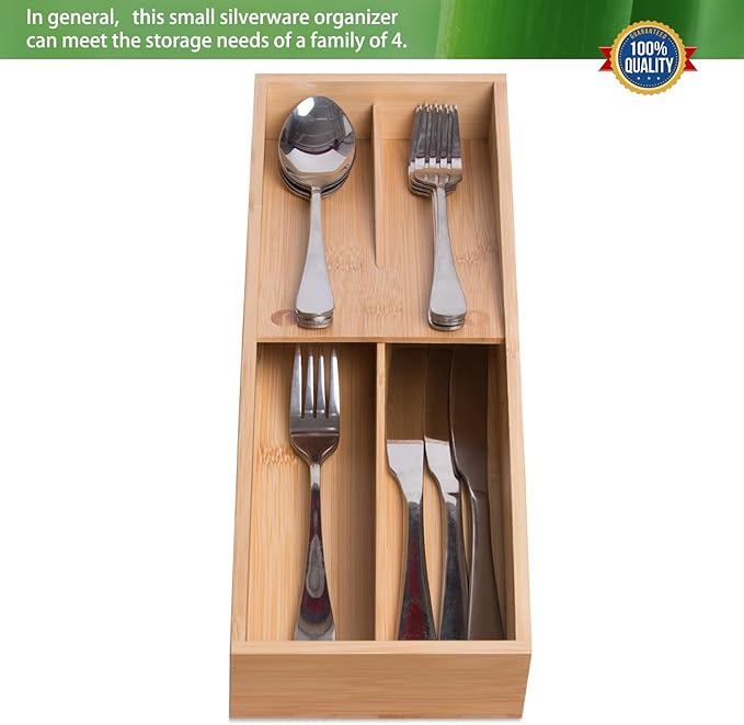 guiogc Bamboo Silverware Drawer Organizer, Kitchen Small Silverware Organizer, Utensil Tray Holder, Cutlery Tray for Spoons, Forks, Knives, Suitable for a family of 2-4