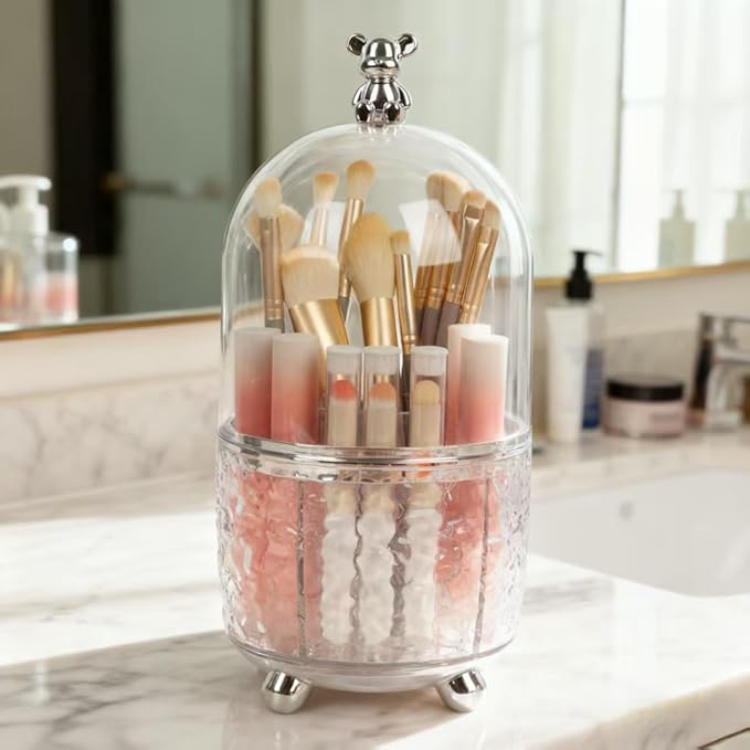 Dezzer Makeup Brush Holder with Lid, 360 Rotating Dustproof Make Up Organizers, 6 Slot Make up Brush Holder for Vanity Bathroom Countertop Office, Clear