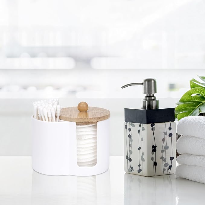 Adorila Compact Cotton Pad & Swab Holder with Bamboo Lid, Dust-Free Space-Saving Bathroom Vanity Organizer for Floss (White)