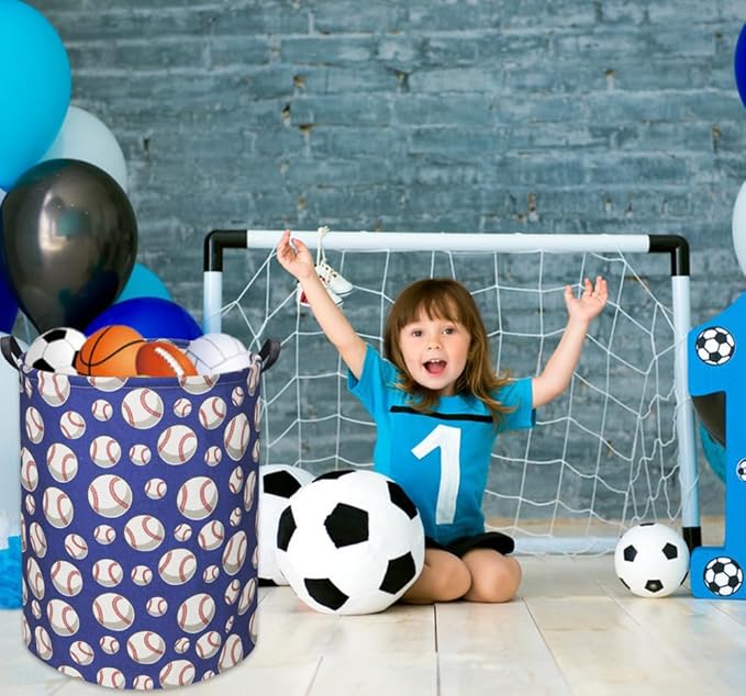 Baseball Kids Laundry Hamper, Large, Cotton & Linen, Waterproof PE Coating, Collapsible, Multi-purpose, Dinosaur Pattern