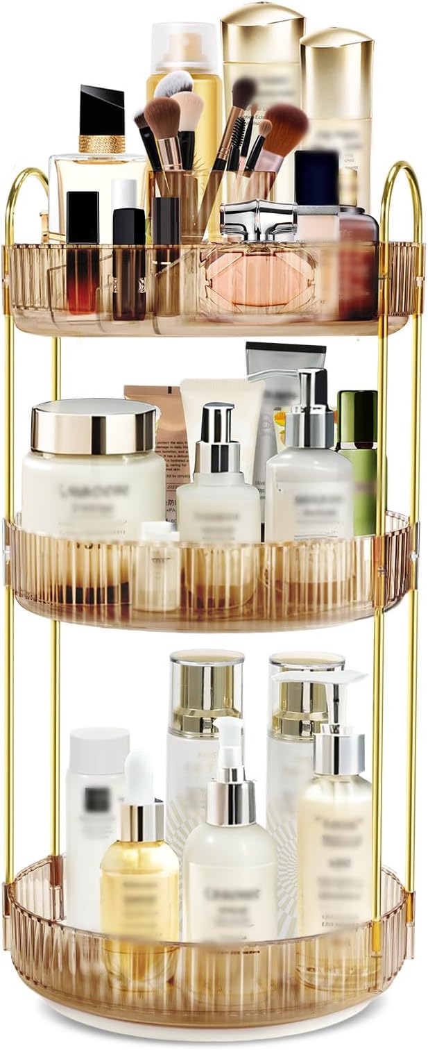 360 Rotating Makeup Organizer for Vanity,3 Tier Large Capacity Skincare Organizers,Bathroom Counter Organizer, transparent Spinning Perfume Organizer & Vanity Organizer (Gold-3 Tier)