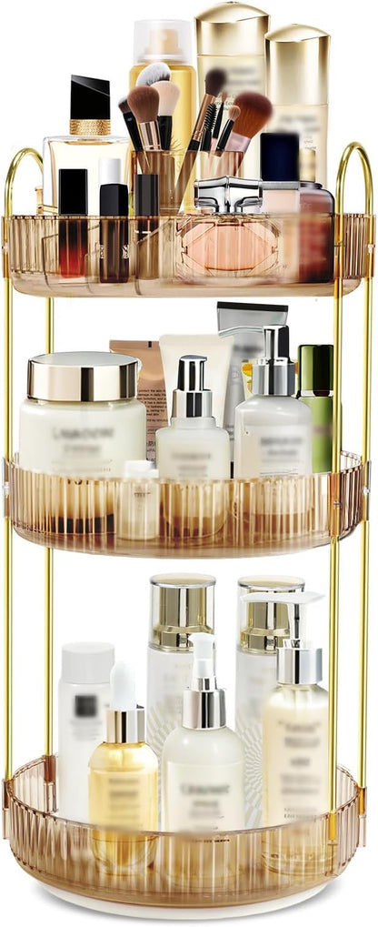 360 Rotating Makeup Organizer for Vanity,3 Tier Large Capacity Skincare Organizers,Bathroom Counter Organizer, transparent Spinning Perfume Organizer & Vanity Organizer (Gold-3 Tier)