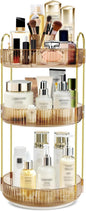 360 Rotating Makeup Organizer for Vanity,3 Tier Large Capacity Skincare Organizers,Bathroom Counter Organizer, transparent Spinning Perfume Organizer & Vanity Organizer (Gold-3 Tier)