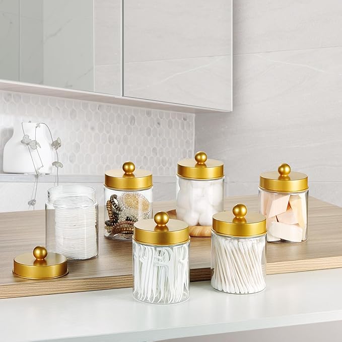 Amolliar Qtip Holder Dispenser - 8 oz Plastic Apothecary Jar Containers for Vanity Makeup Countertop Organizer Storage -Bathroom Canister Accessories Set for Cotton Swab, Ball, Pads, Floss-Gold (6)