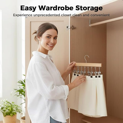 Legging Organizer for Closet, 2026 New Pants Hangers with 10 Clips, Space-Saving Clothes and Hat Storage Hook, Hanging Closet Organizer Hanger Clips for Skirts, Shorts, Trousers, Socks (Wood)