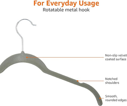 Amazon Basics Space Saving Slim Velvet Non-Slip Clothes Hangers, Sturdy, Gray/Silver, 100-Pack