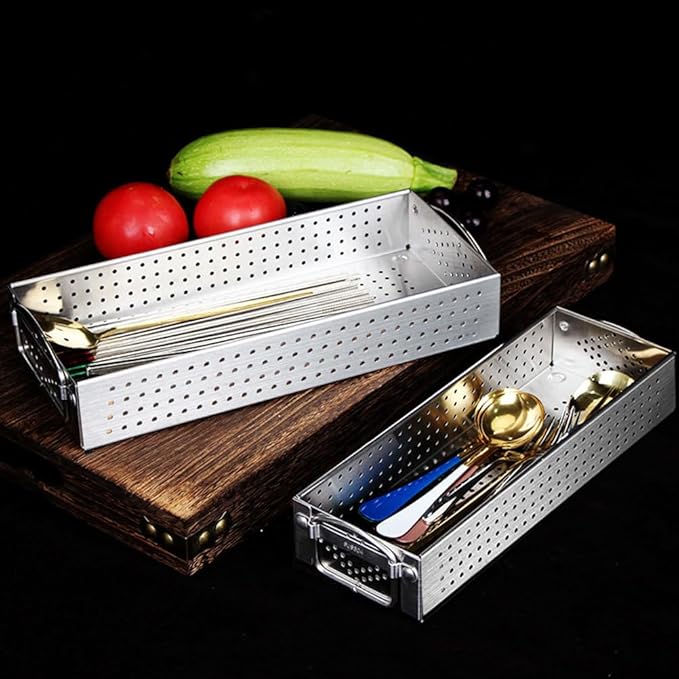 Hemoton Stainless Steel Chopsticks Holder Utensil Organizer Case with Drainage Large Capacity Rectangular Kitchen Storage Box for Cutlery and Cooking Tools