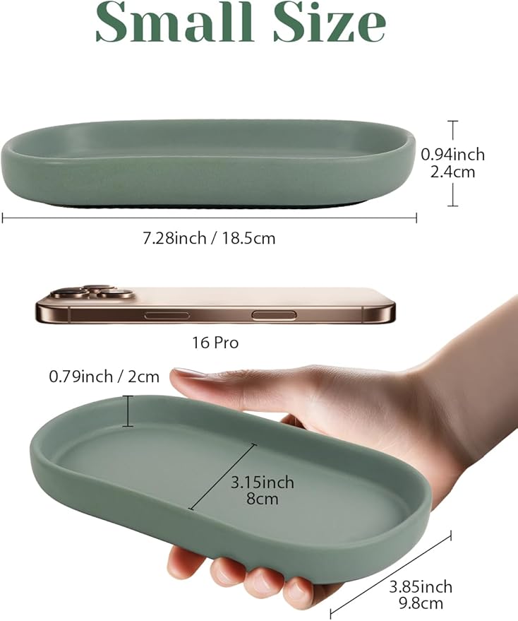 INGOFIN 7" Ceramic Bathroom Vanity Tray Set- 2 Pcs Bathroom Organizer Countertop Tray for Perfume, Jewelry, Small Kitchen Counter Soap Tray, Decorative for Bathroom Vanity and Toilet Tank, Green