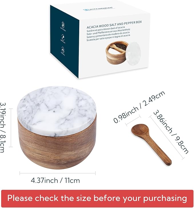 KITCHENDAO Acacia Wood Salt and Pepper Box Cellar Bowl with Grey Marble Lid and Built-in Spoon, Large Salt Container Cellar Storage Herb Sea Bath Salt Spice, Dual 5Oz Capacity