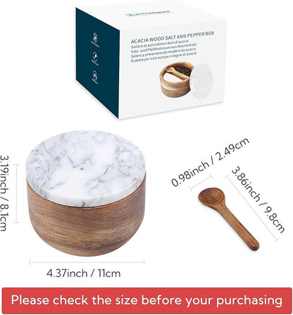 KITCHENDAO Acacia Wood Salt and Pepper Box Cellar Bowl with Grey Marble Lid and Built-in Spoon, Large Salt Container Cellar Storage Herb Sea Bath Salt Spice, Dual 5Oz Capacity