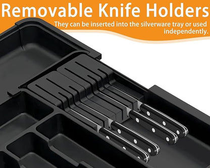 Silverware Organizer Expandable Utensil Drawer Organizer Adjustable Drawer Organizer, Flatware Cutlery Silverware Tray for Spoons Forks Knives Kitchen Organizers Storage (Black Plus)