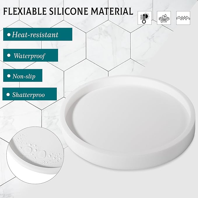 Silicone Bathroom Tray Round Vanity Tray Decorative Soap Holder Kitchen Countertop Organizer Coffee Table Decor for Candle, Perfume, Plant, 9 Inch, White