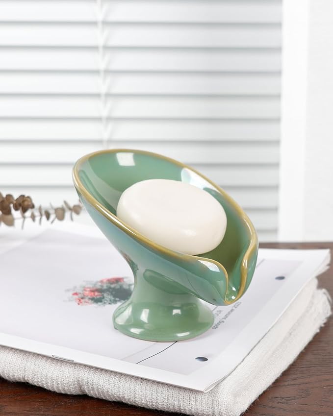 Soap Dish, Self Draining Bar Soap Holder for Bathroom Sink, Leaf Shaped Drainage Ceramic Mint Green Porcelain Decorative Soap Dish, No Suction Cup, ANTIS'S HOME