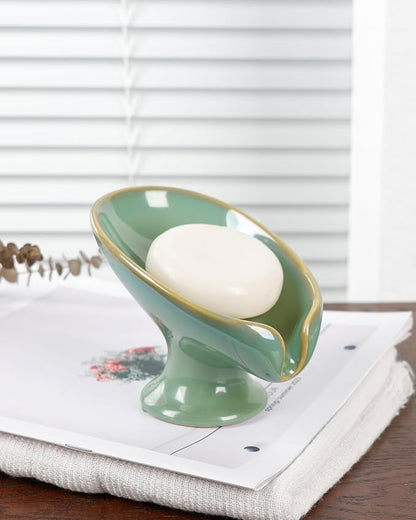 Soap Dish, Self Draining Bar Soap Holder for Bathroom Sink, Leaf Shaped Drainage Ceramic Mint Green Porcelain Decorative Soap Dish, No Suction Cup, ANTIS'S HOME