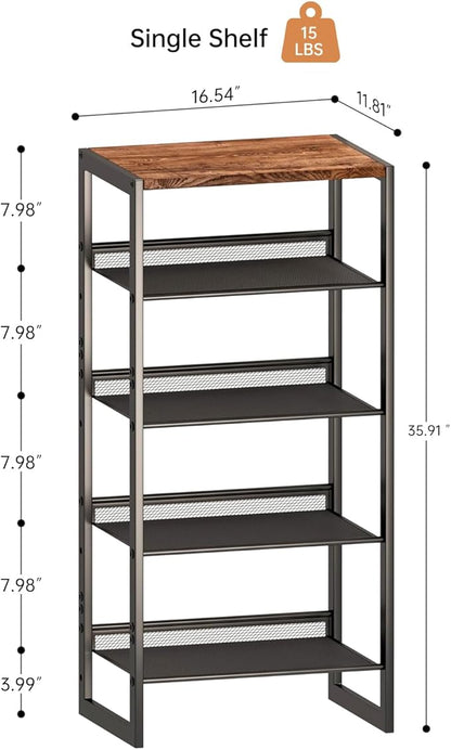 5 Tier Metal Shoe Rack, Sturdy Steel Frame with Rust-Proof Coating, MDF Top, Adjustable Flat Inclined Mesh Shelves, Anti-Tip Scratch-Resistant Feet, Sleek Show Rack for Entryway, Hallway, Garage