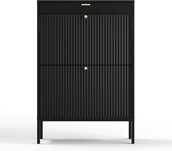 XIAO WEI Shoe Cabinet, Shoe Storage Organizer Cabinet with 2 Flip Wavy Line Drawers, Freestanding Shoe Rack with Adjustable Shelf for Entryway（Black）