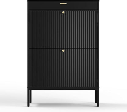 XIAO WEI Shoe Cabinet, Shoe Storage Organizer Cabinet with 2 Flip Wavy Line Drawers, Freestanding Shoe Rack with Adjustable Shelf for Entryway（Black）